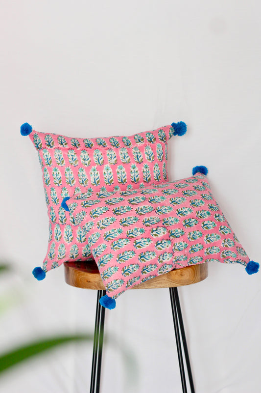 Pink hand block print cushion cover (set of 2)