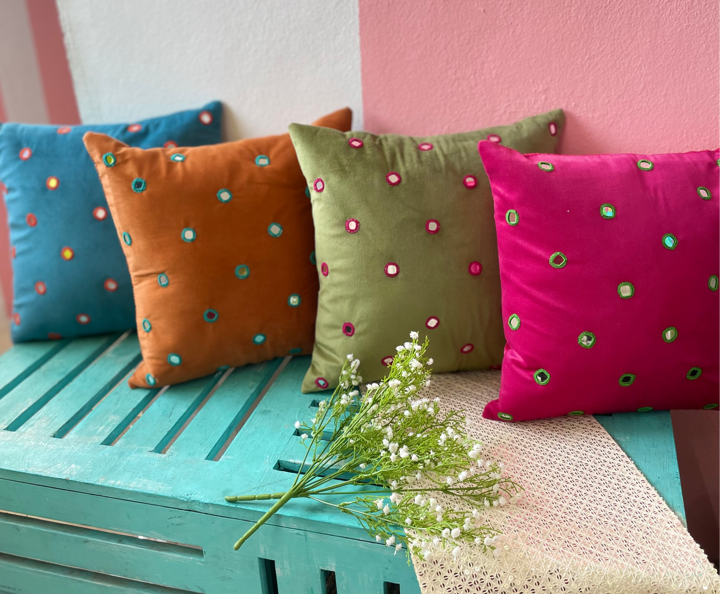 Mirror work velvet cushion cover