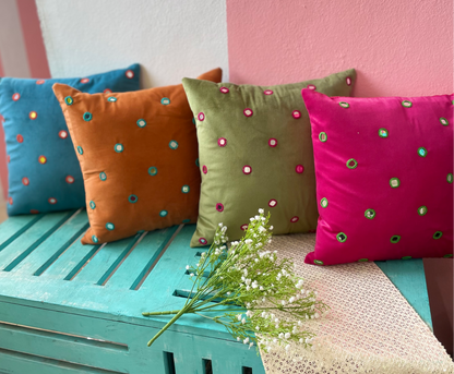Mirror work velvet cushion cover