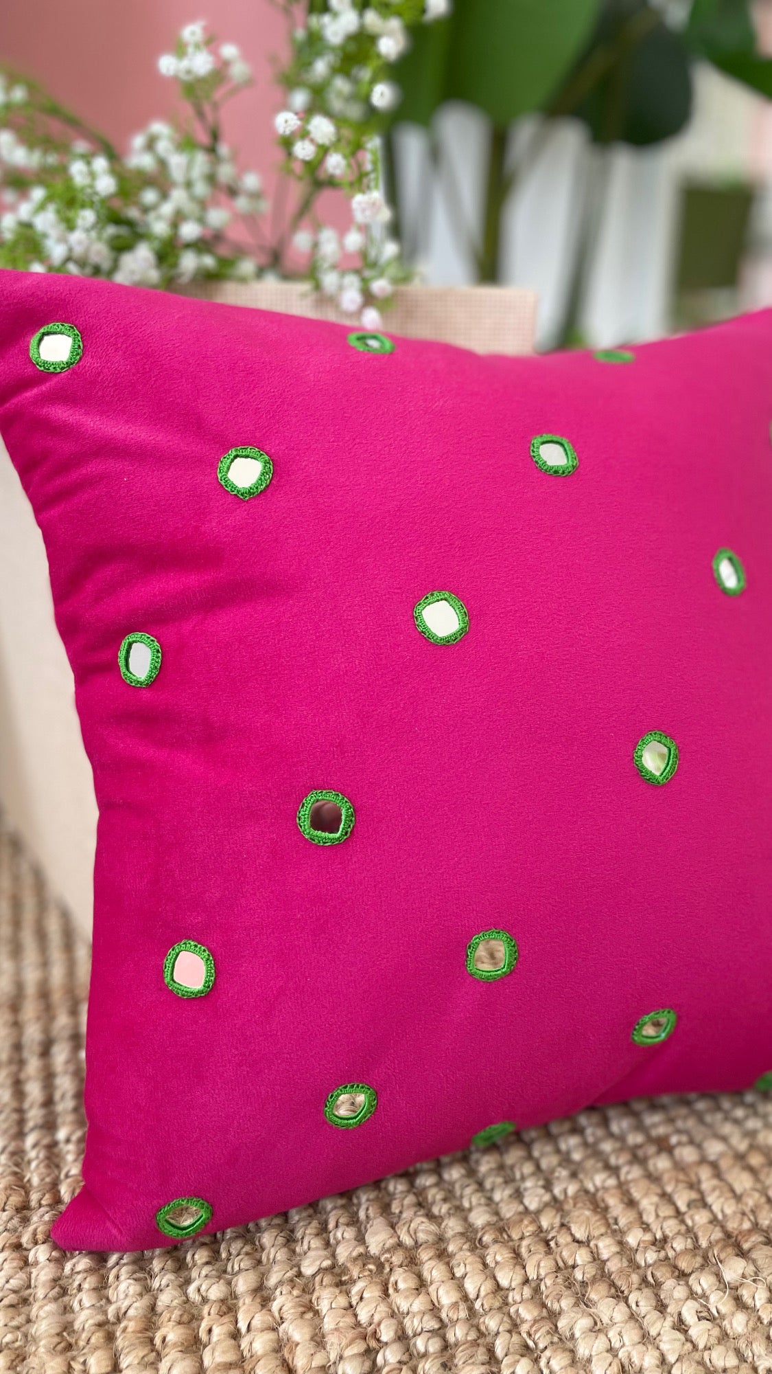 Mirror work velvet cushion cover