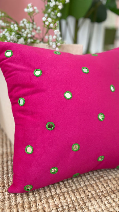 Mirror work velvet cushion cover