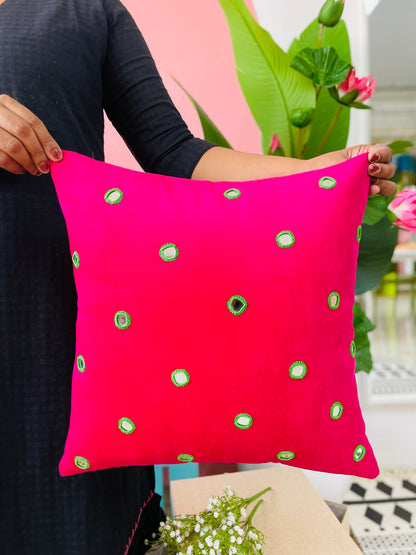 Mirror work velvet cushion cover