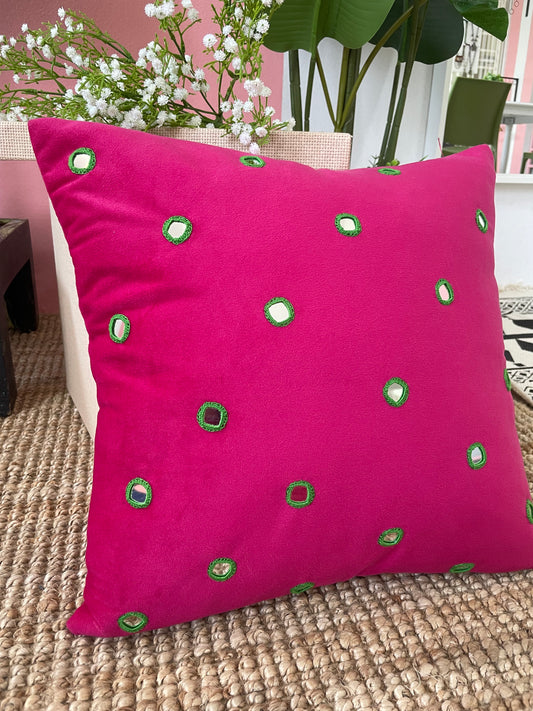 Mirror work velvet cushion cover