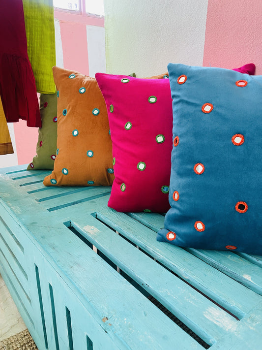 Colorful Embroidered Polka Dot Cushions (Set of 4)