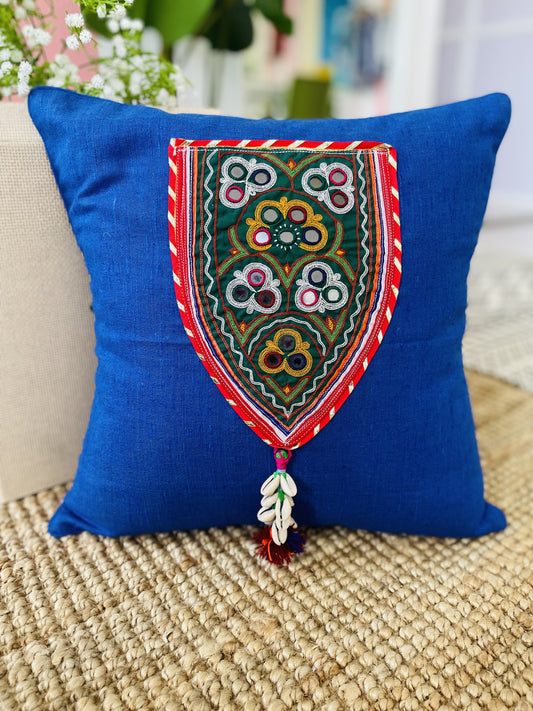 Handcrafted Blue Cushion with Tribal Embroidery