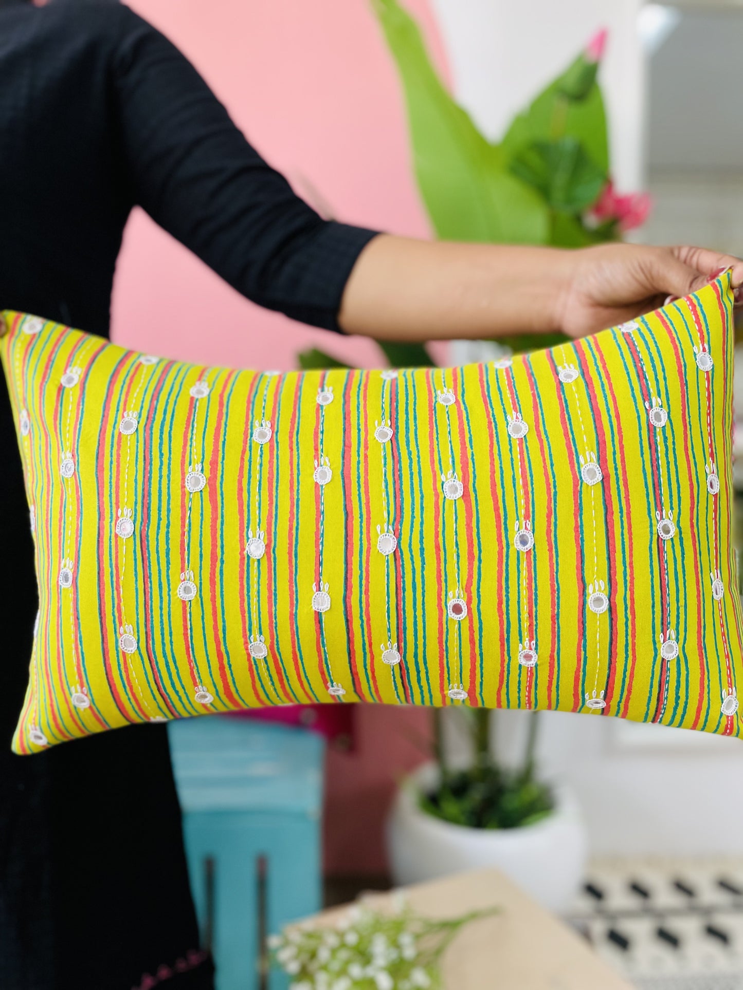 Lime green hand embroidered cushion cover (12"*20")