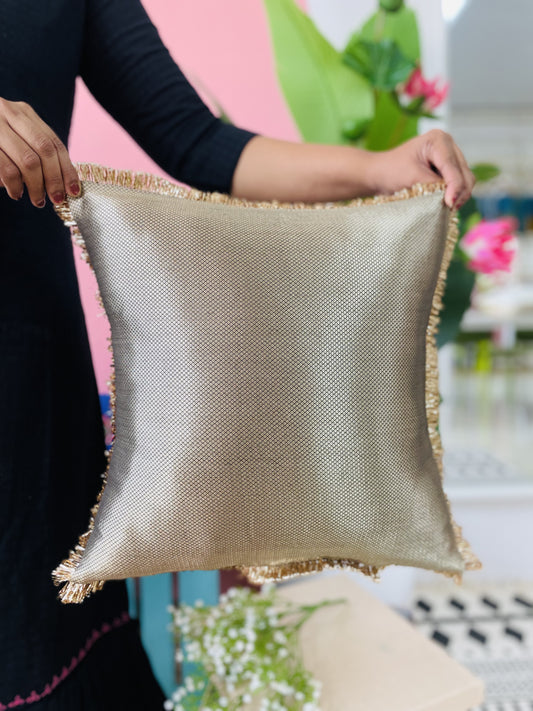 Gold Textured Cushion with Fringe Trim