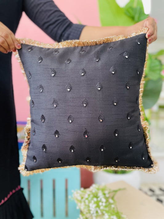 Embroidered Cushion with Gold Fringe