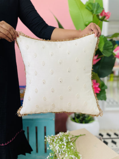 Embroidered Cushion with Gold Fringe