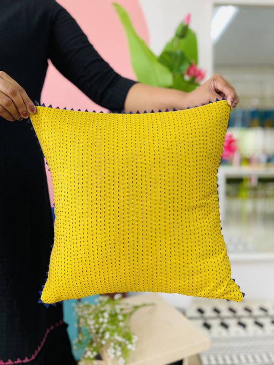 Yellow Cushion with Blue Stitch Detailing