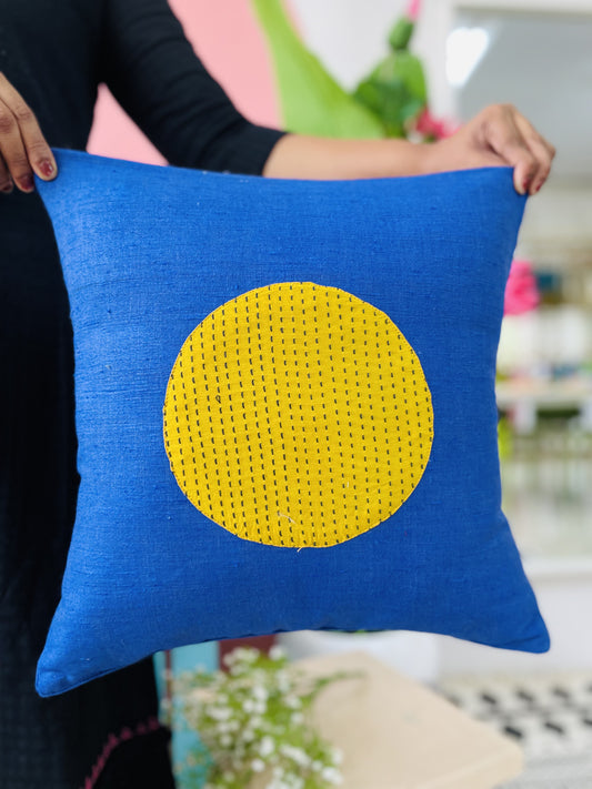 Blue Cushion with Yellow Circle Embroidery