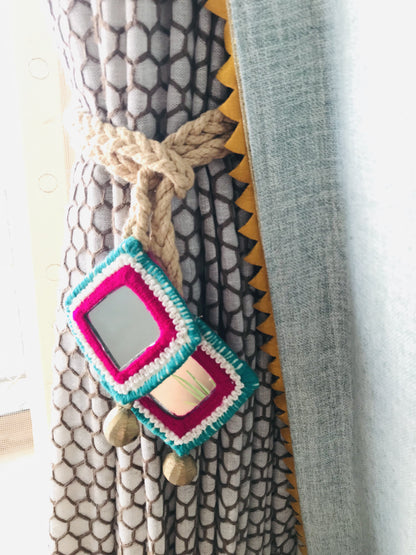 Green and Red Curtain Tiebacks with Embroidered Mirror Accents