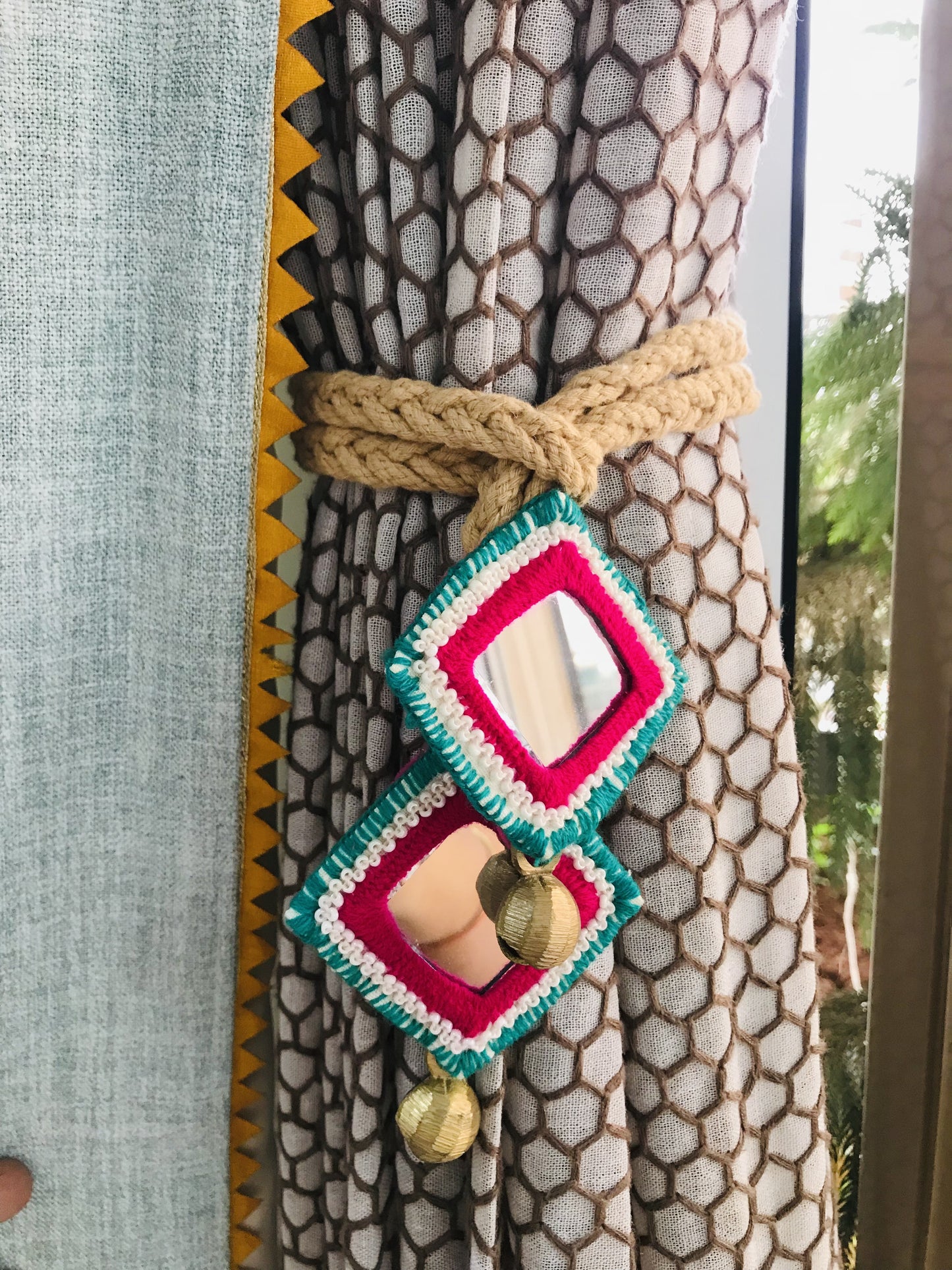 Green and Red Curtain Tiebacks with Embroidered Mirror Accents
