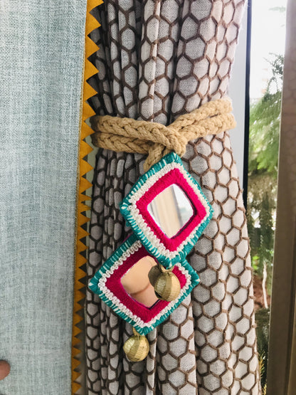 Green and Red Curtain Tiebacks with Embroidered Mirror Accents
