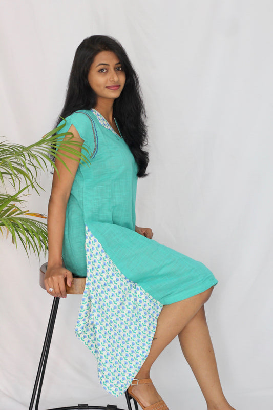 Turquoise colour side handkerchief dress