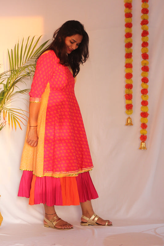 Pink and tangerine leaf anarkali dress