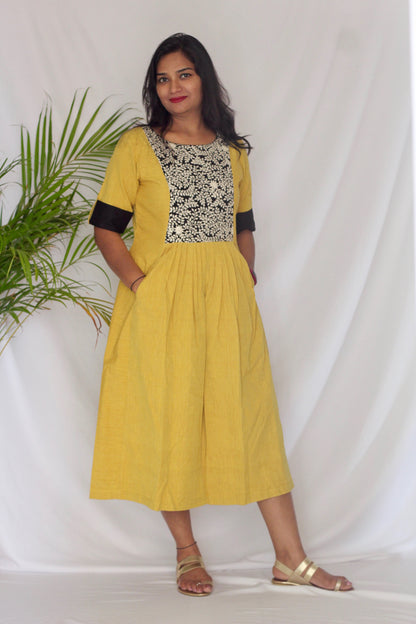 Embroidered Yellow Pleated dress