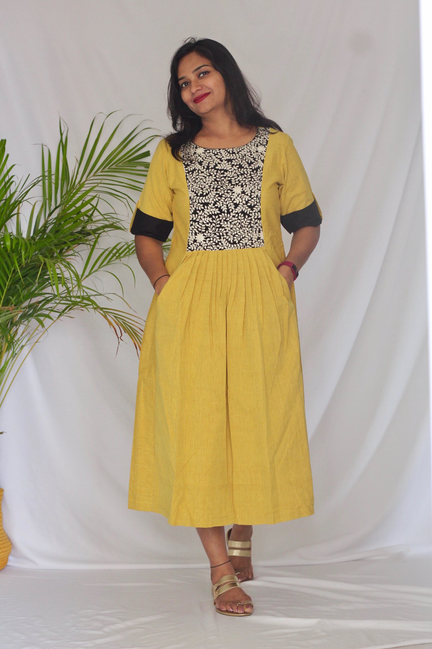 Embroidered Yellow Pleated dress