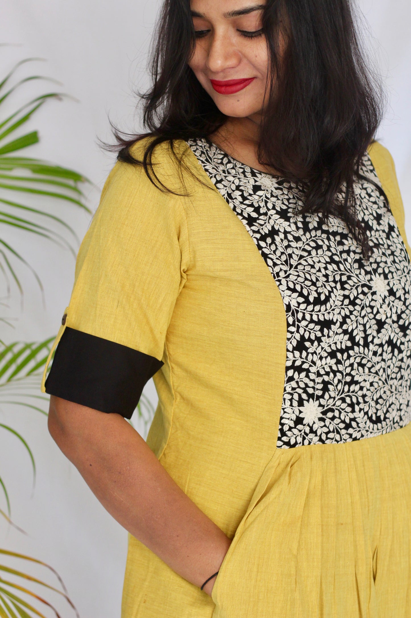 Embroidered Yellow Pleated dress