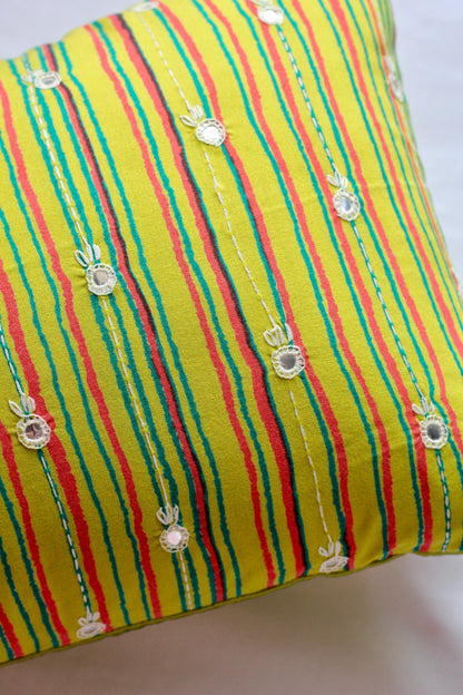 Lime green hand embroidered cushion cover (12"*20")
