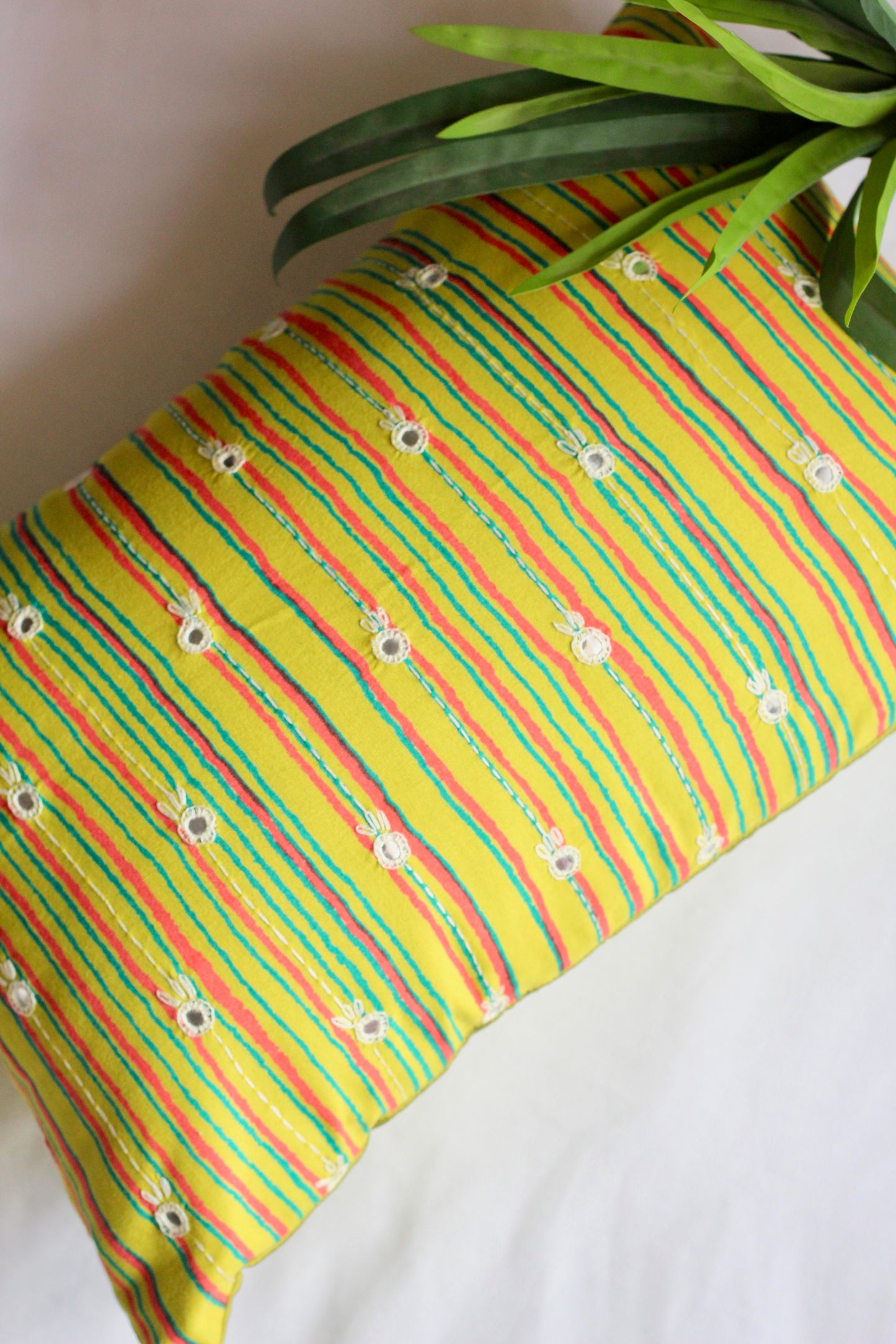 Lime green hand embroidered cushion cover (12"*20")